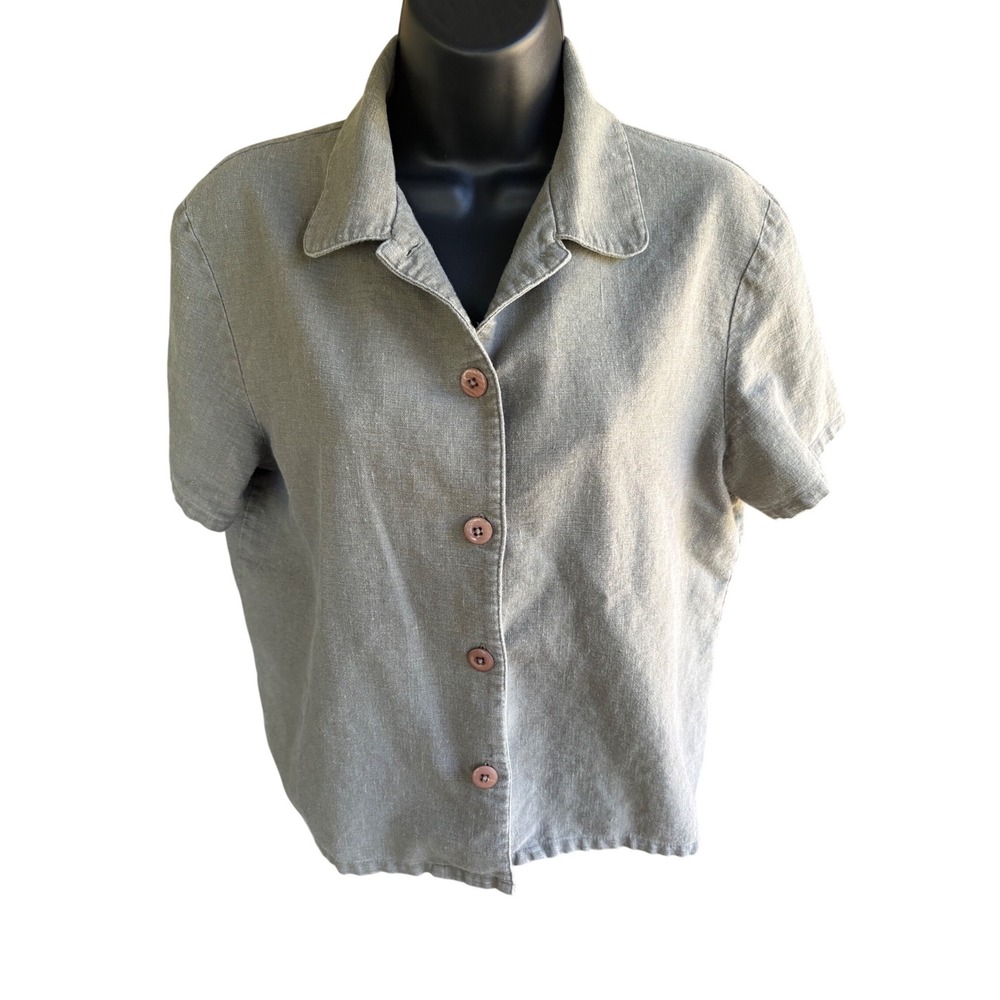 Sag Harbor Petite Linen Blend Button Down Shirt Olive Green Short Sleeve PM